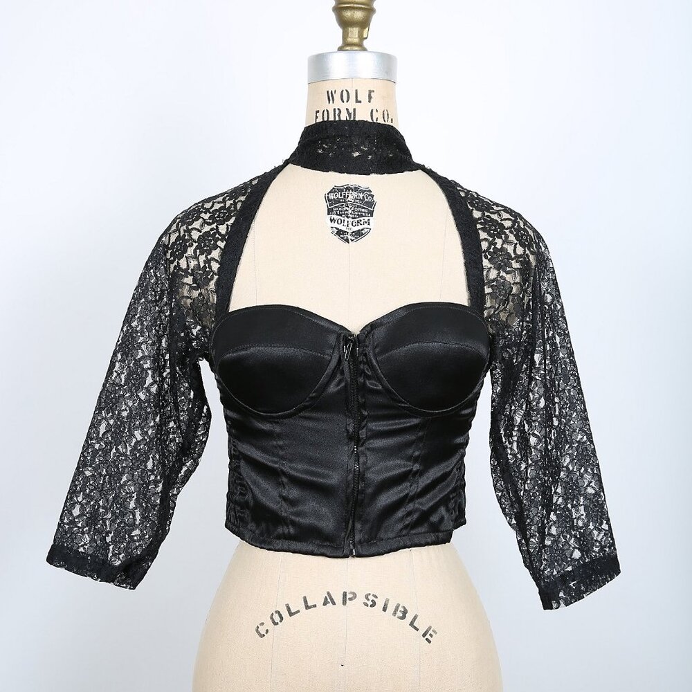 80s 90s Vintage Black Bustier Bra Crop Top with Lace Sleeves and Cut Out